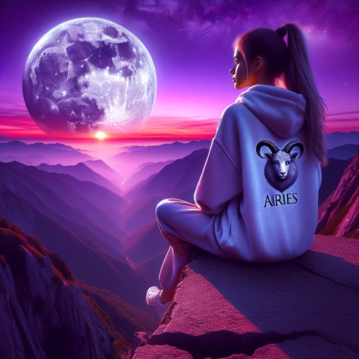 Caucasian Girl in Aries Sweatshirt on Mountain Gazing at Full Moon