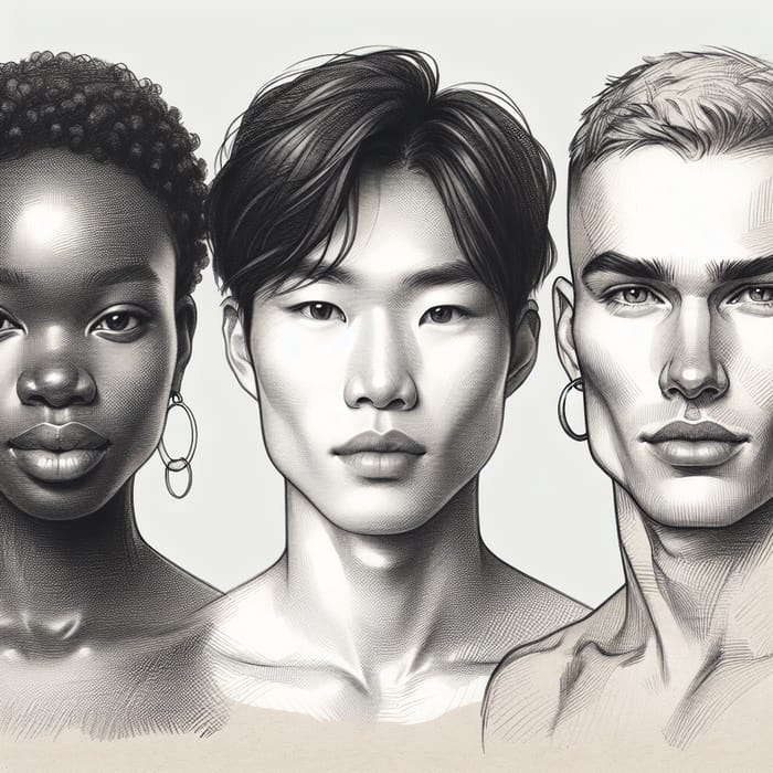 Detailed Pencil Drawing of Diverse Characters: Female, Male, Transgender in Black, Asian, Caucasian