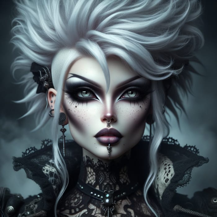 Fantasy Goth Woman: Punk White Hair, Gray Eyes, & Unique Kesha-Like Nose