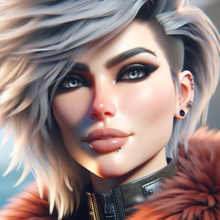 Cyberpunk Female Character with Windblown White Hair and Piercing Gray Eyes