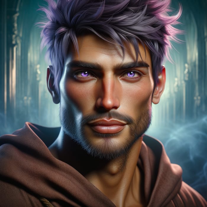 Confident Male Monk with Striking Features and Violet Hair in Fantasy Genre