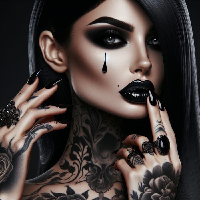Alluring Femme Fatale: Dark Makeup, Ornate Tattoos & Dramatic Pose