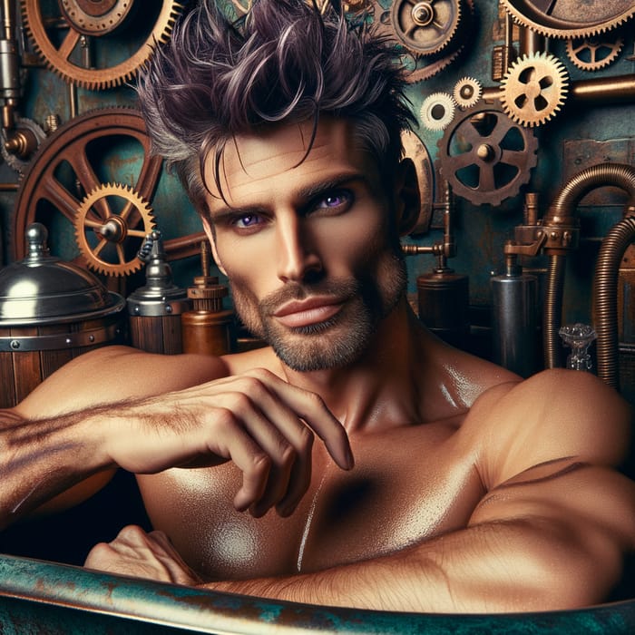 Handsome Male Monk with Violet Hair in Steampunk Bath