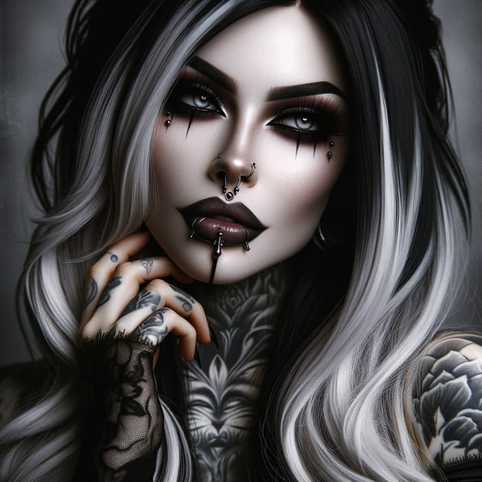 Coldly Beautiful Pale Skinned Goth Female with Long Dark Hair, White Streak, Piercing Eyes, Makeup, Piercings, Tattoos & Confidence
