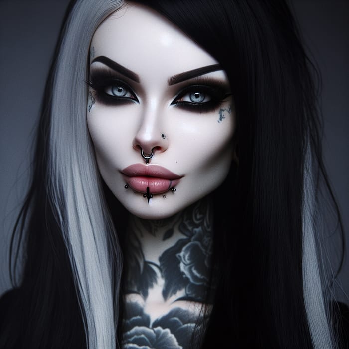 Gothic Woman with Piercing Eyes, Pale Skin and Silver Streak