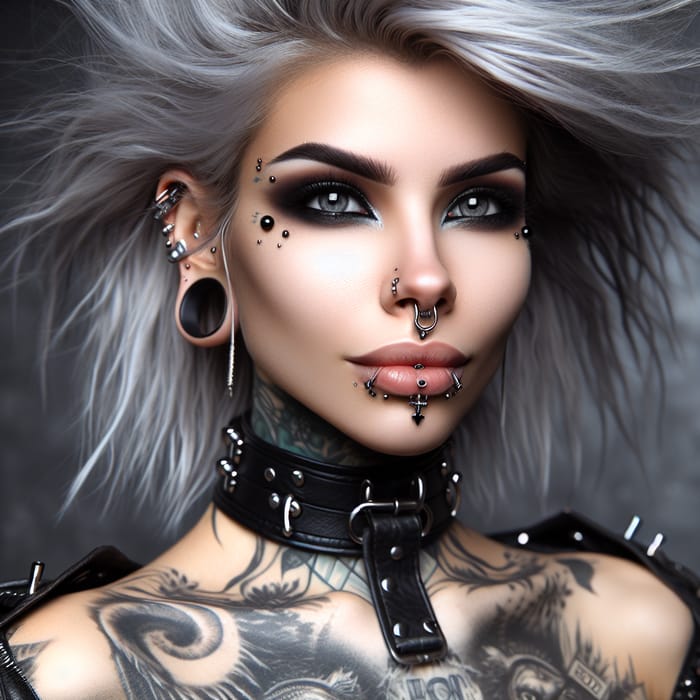 Goth Fantasy Woman with Silver-White Punk Hair in Cyberpunk Genre