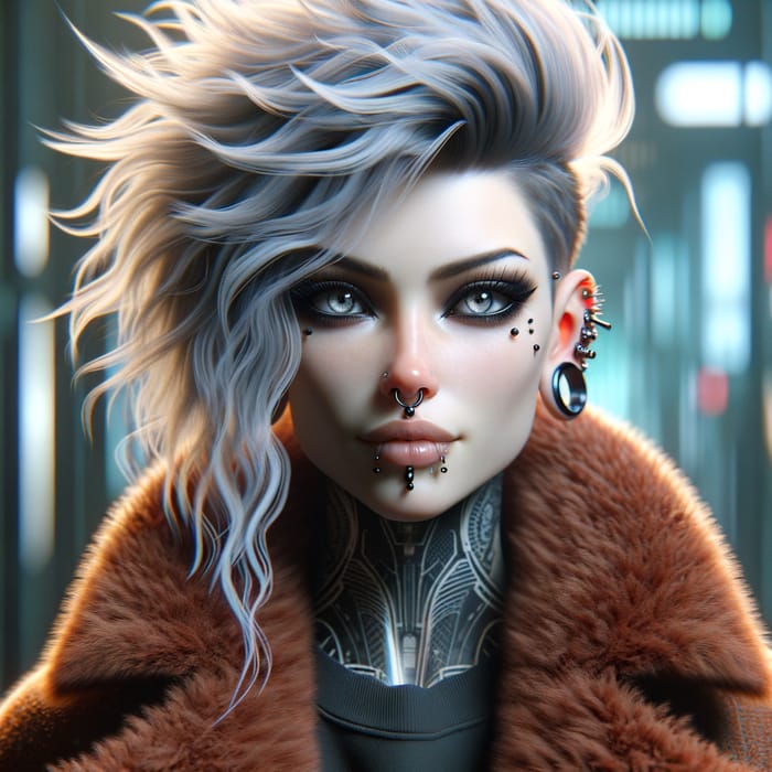 Rebellious Cyberpunk Female with Punk White Hair and Nose Piercings