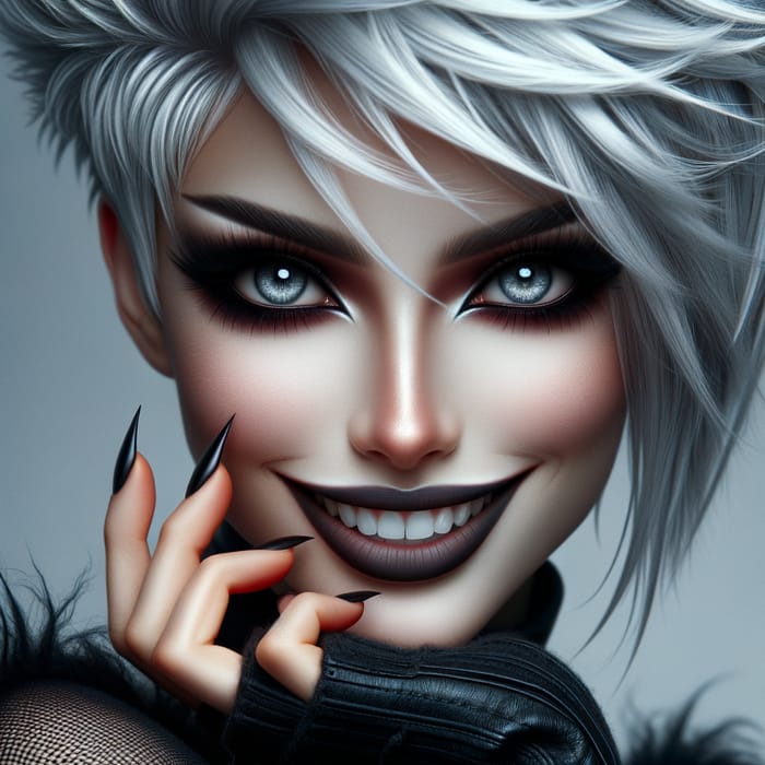 Beautiful Gothic Woman with Punk White Hair and Mischievous Grin
