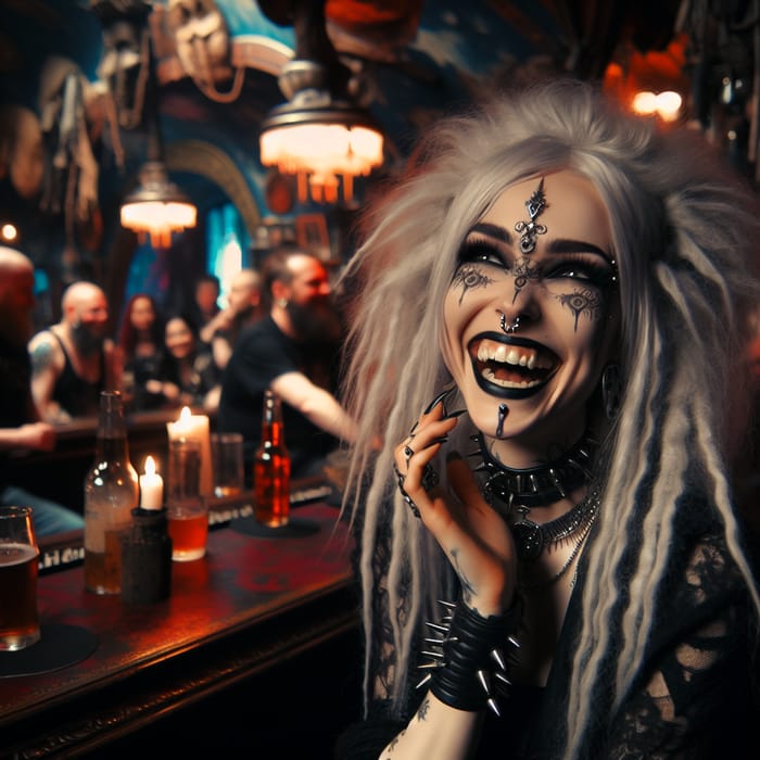 Goth-Punk Woman with White Hair, Piercings & Tattoos Laughing in Fantasy Bar