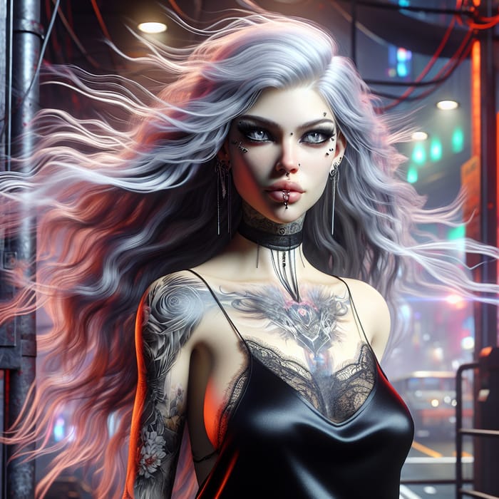 Pale Goth Fantasy Female with Piercings and Tattoos - Cyberpunk Art