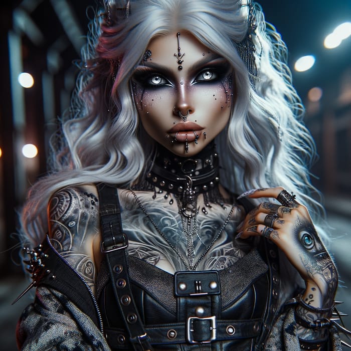 Fantasy Goth Woman: White Hair, Silver Eyes, Punk Vibe, AI Art Generator