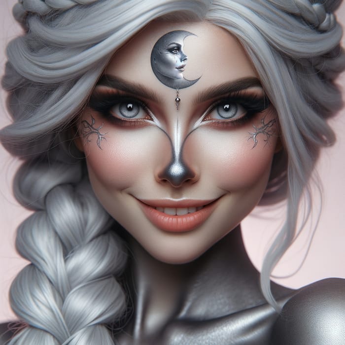 Beautiful Fantasy Goth Woman with Braided White Hair and Silver Moon Tattoo