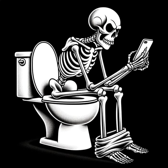 Comical Skeleton Sitting on Modern Toilet with Mobile Phone - Funny Cartoon