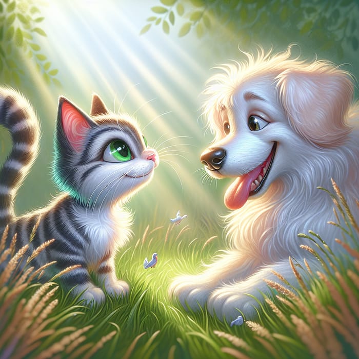 Cat and White Dog In Playful Stare-off