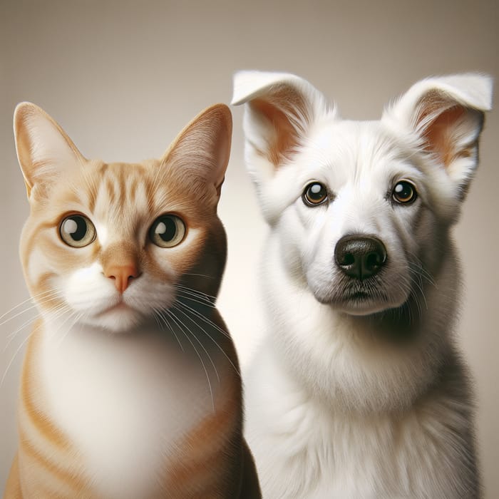 Realistic Cat and White Dog Eye Contact