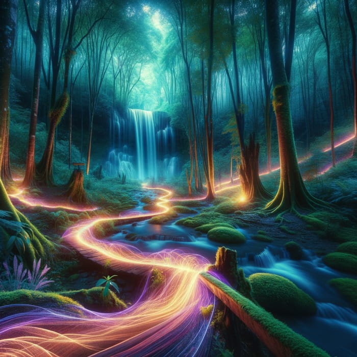 Mystical Forest with Glowing Pathway to Waterfall | AI Art Generator ...