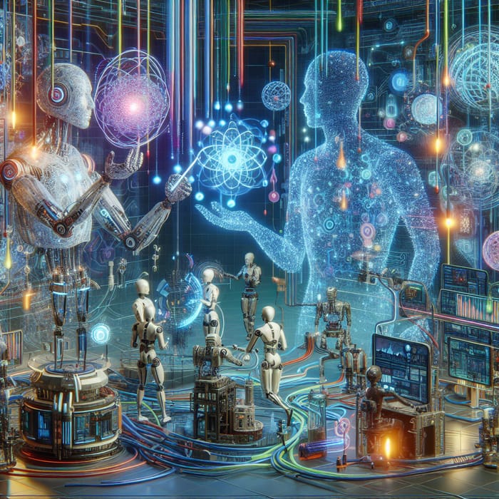 Futuristic Science and AI Network Illustration with Humanoid Robots