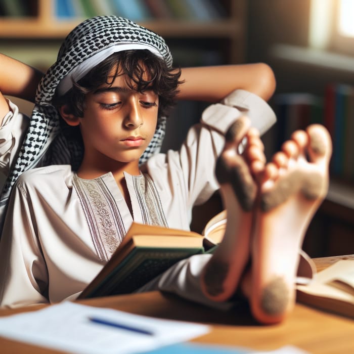 Middle Schooler Lost in Book with Dirty Bare Soles