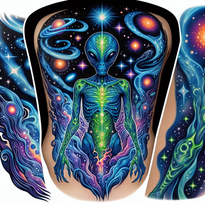 Intricate Alien Life Form Tattoo in Cosmic Landscape