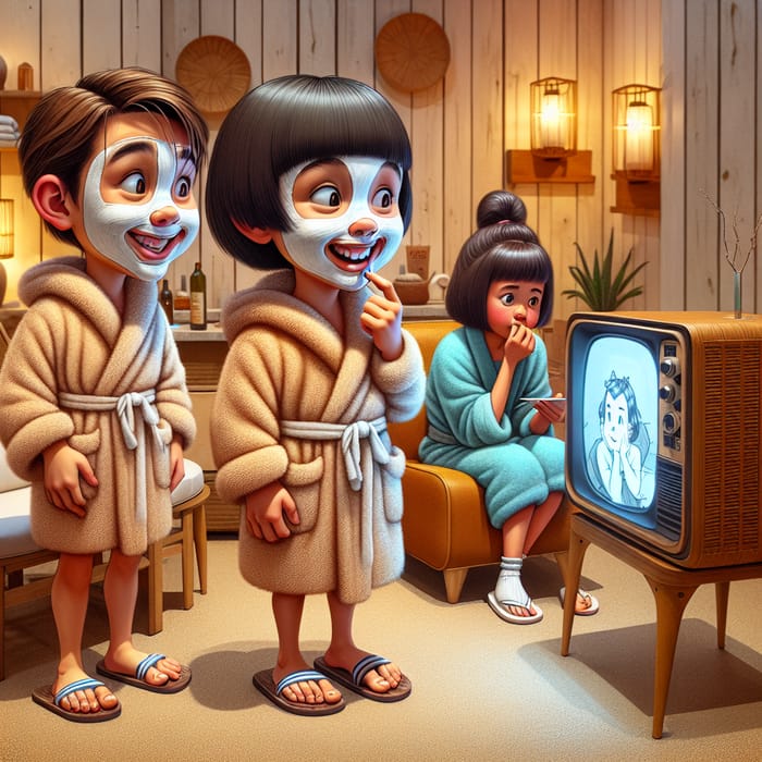 Whimsical Spa Day Caricature: Boys Relaxing, Girl Watching TV in Serene Spa Setting