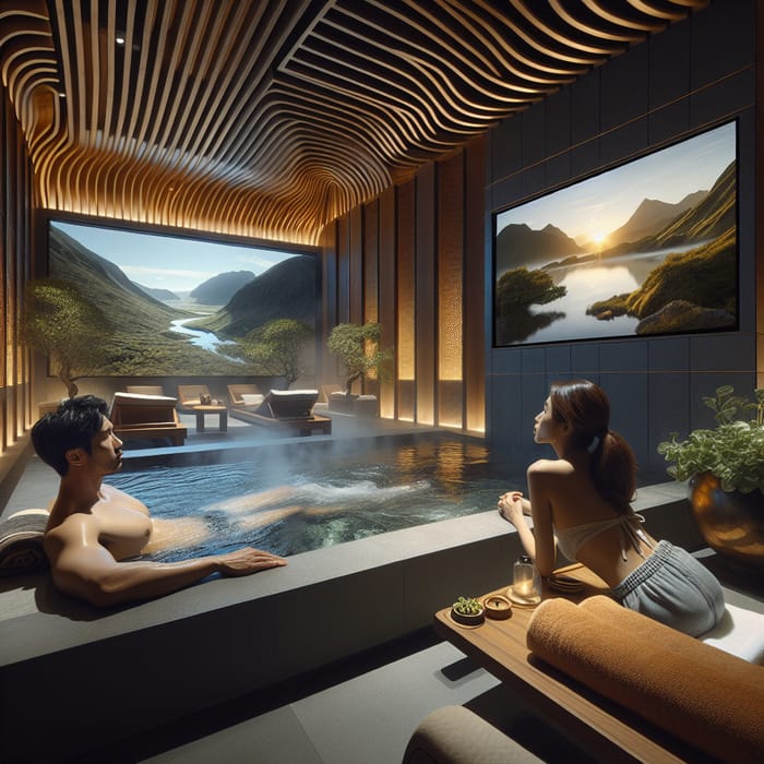 Tranquil Spa Scene: Man and Woman Relaxing with Nature TV