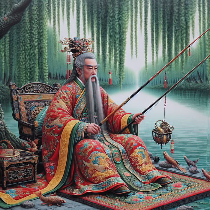 Qin Shi Huang Fishing: Tranquil Scene of an Ancient Chinese Emperor by the River