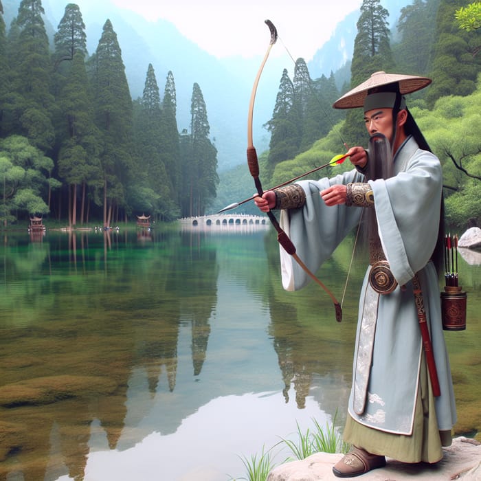 Ancient Chinese Emperor Fishing with Bow and Arrow