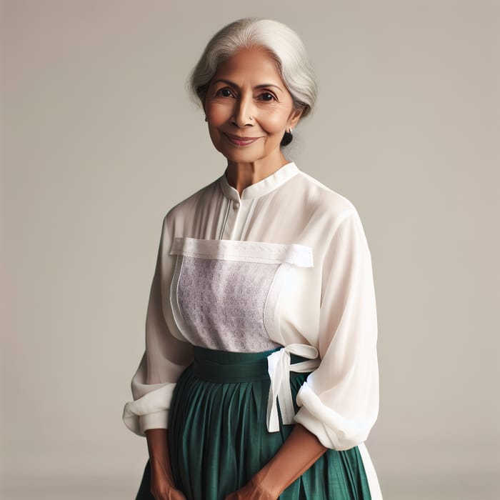 South Asian Grandmother in Green Skirt with White Apron