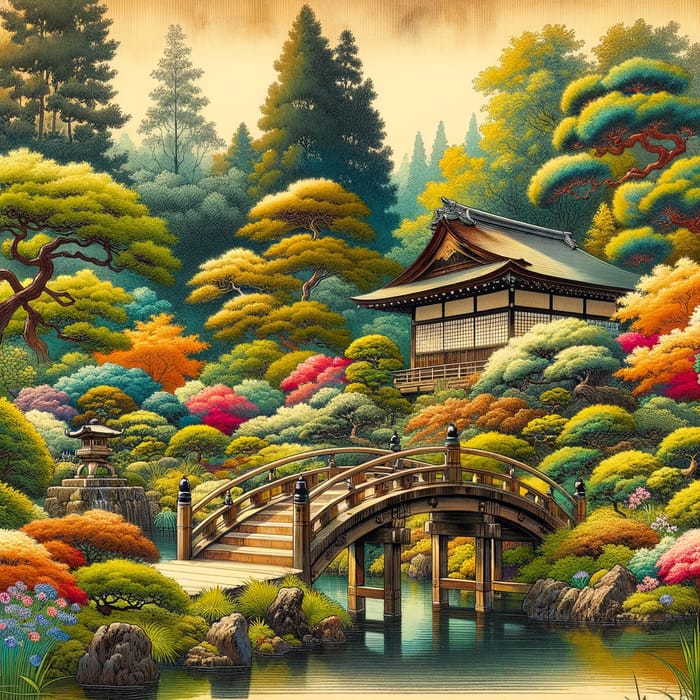 Serene Japanese Garden with Wooden Bridge Art