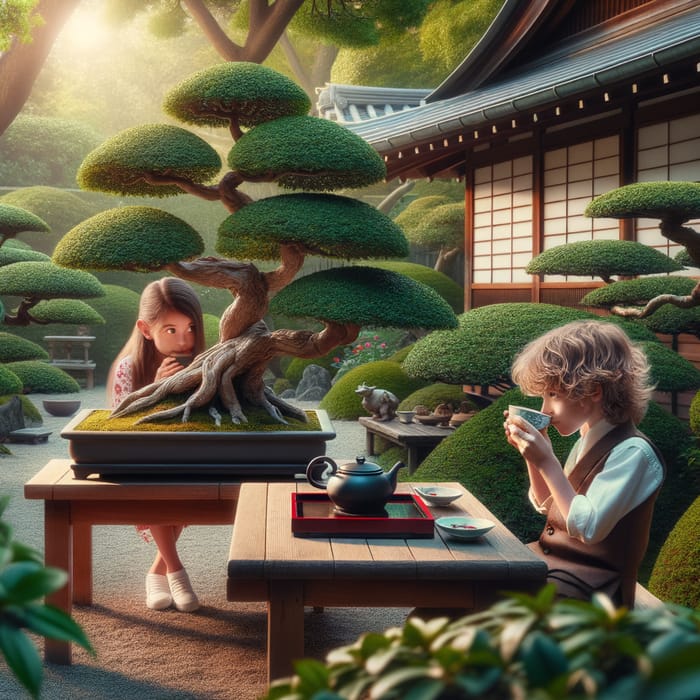 Japanese Tea Garden: Hidden Girl, Bonsai, and Tea-Drinking Boy