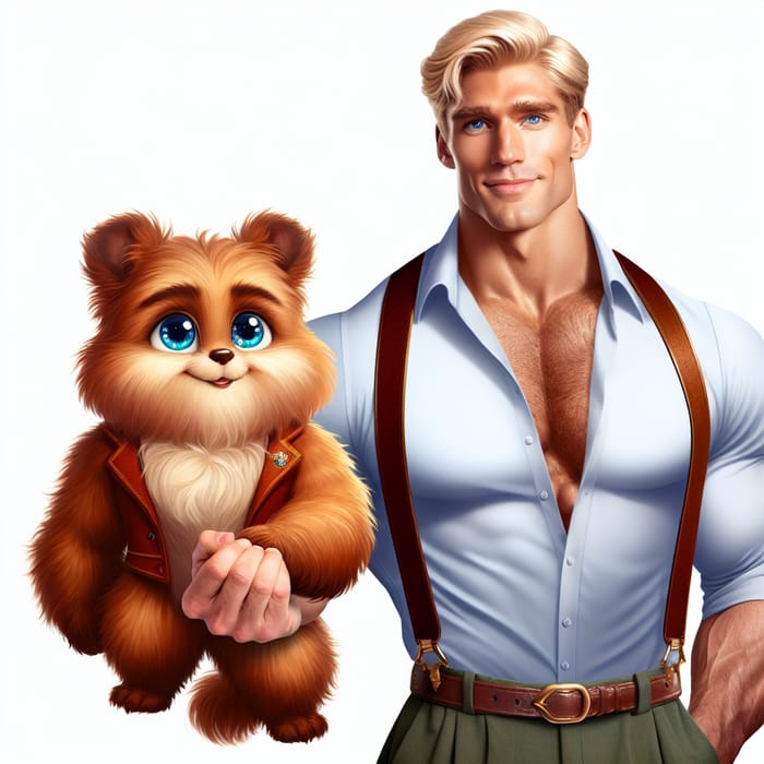Muscular Man and Furry Creature Holding Hands - A Heartwarming Moment