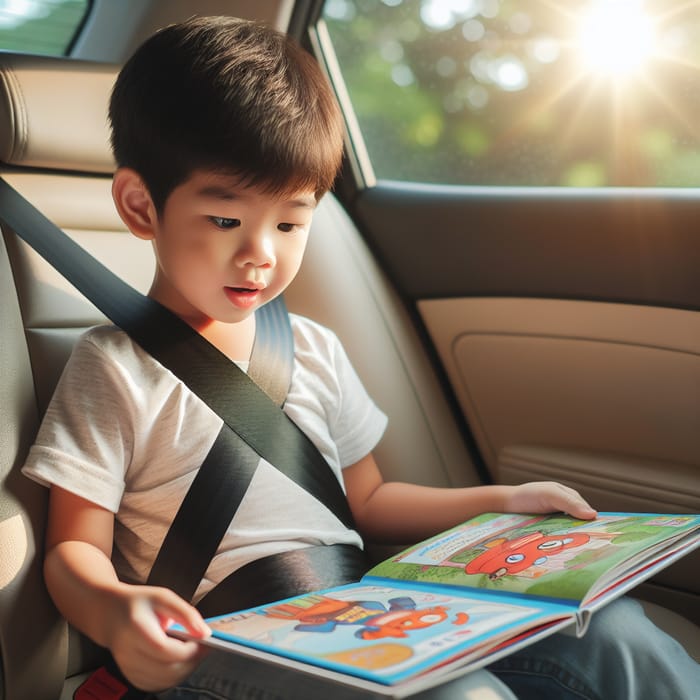 Asian Pre-Schooler Engrossed in Reading Book in Car