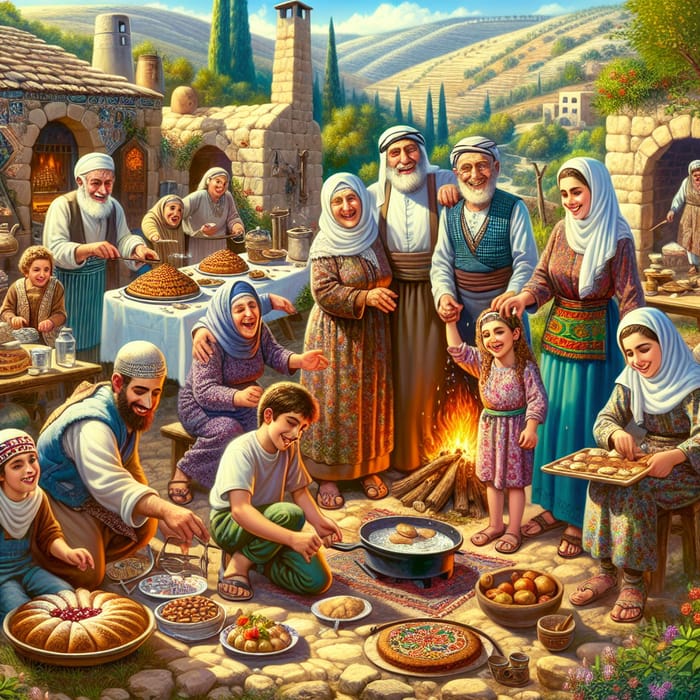 Joyful Levantine Family Celebrates New Year with Festive Dessert Making | Village Garden Scene