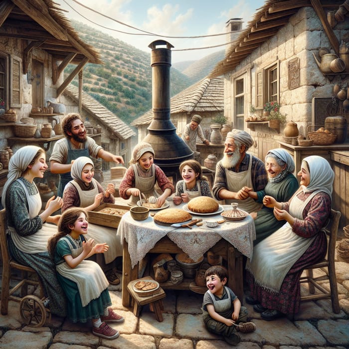 Joyful Family Gathering for New Year's Dessert in Ancient Levantine Village