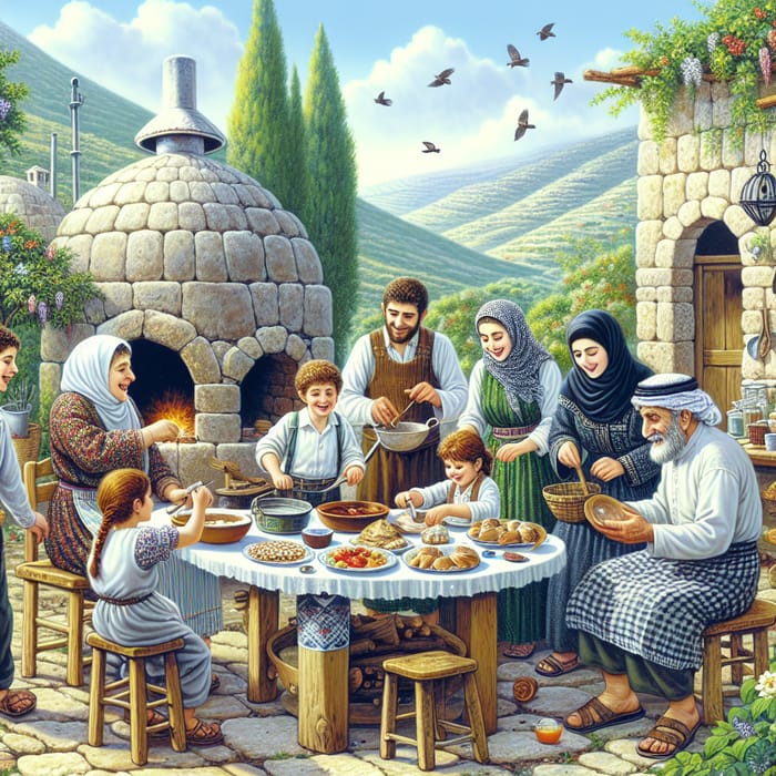 Joyful Family Gathering in Ancient Levantine Village | Festive Dessert-Making Celebration
