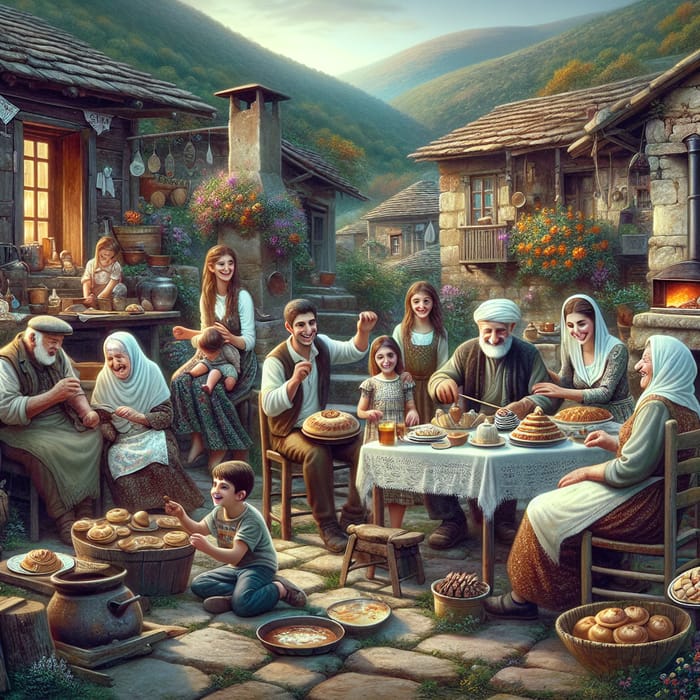 Levantine Family Joyfully Celebrating New Year with Dessert Preparations in Scenic Village