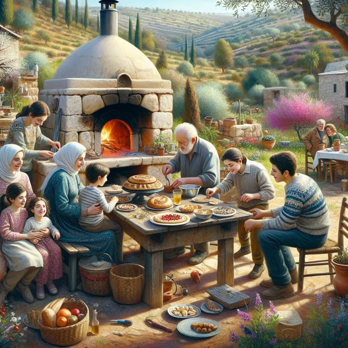 Festive Family Gathering in Ancient Levantine Village Garden
