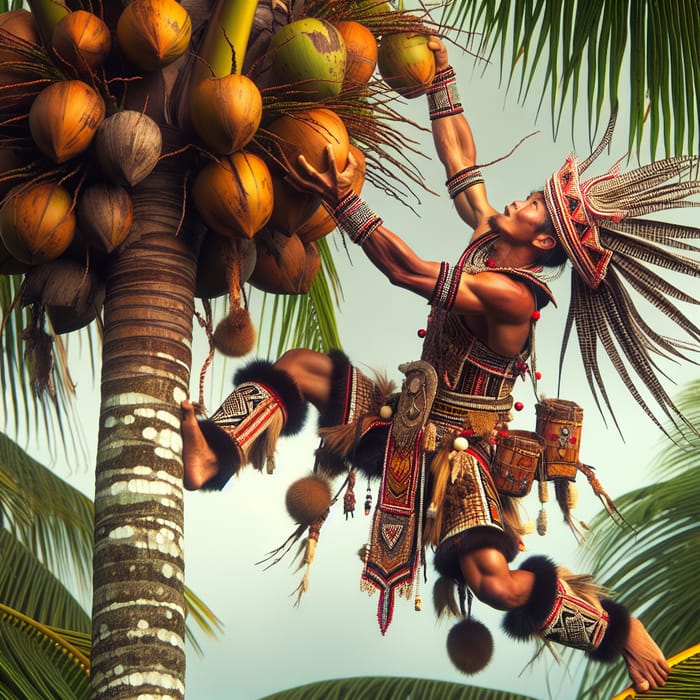 Dayak Warrior Harvesting Coconuts | Traditional Attire Oil Painting