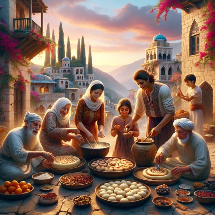 Generations of Levantine Family Traditions: Culinary Celebration at Dusk