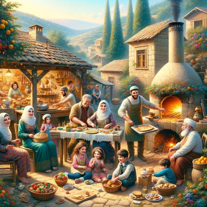 Joyful Family Gathering: New Year Dessert Preparations in a Quaint Levantine Village