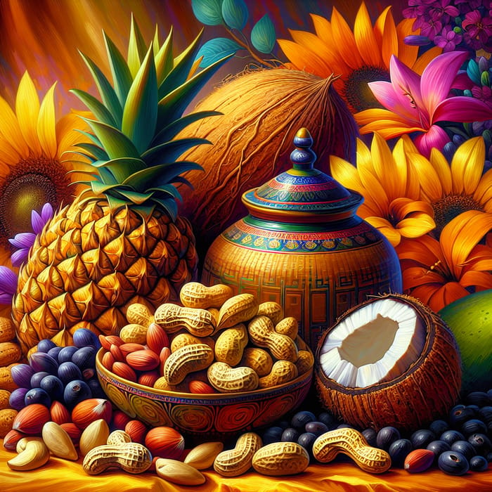 Nusantara Culture-Inspired Still Life with Assorted Nuts & Bold Colors