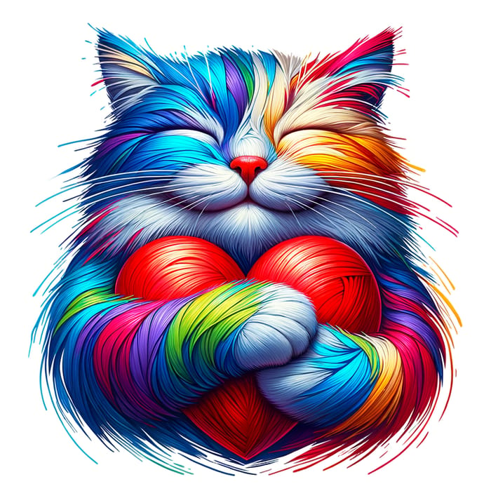 Colorful Pop Art Cat Hugging Red Heart Painting | Peaceful Feline Artwork
