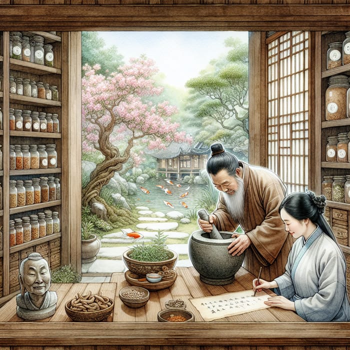 Tranquil Eastern Medicine Watercolor Scene