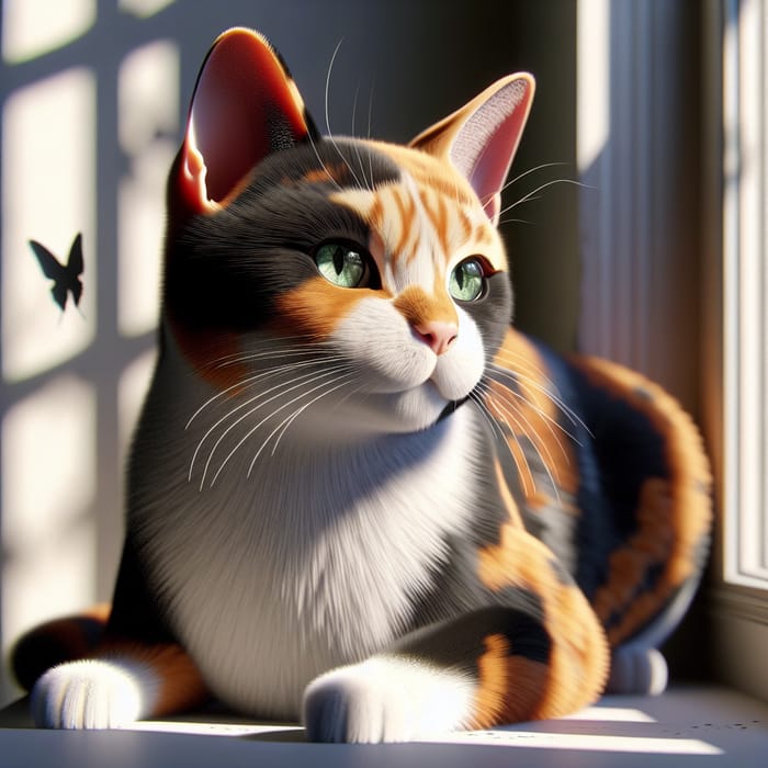 Adorable Calico Cat Watching a Butterfly