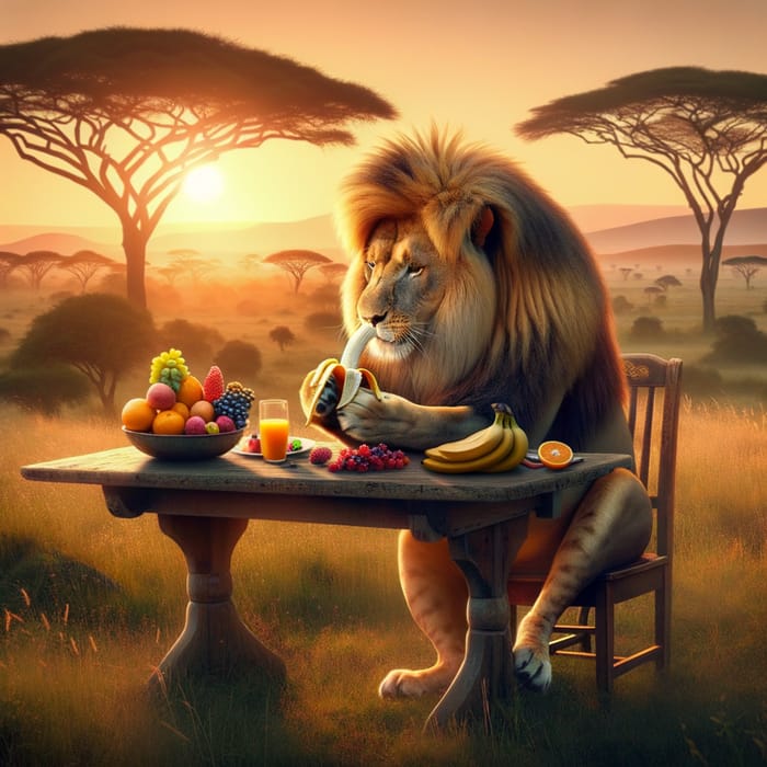 Majestic Lion Eating Breakfast: Golden Sunrise Scene in African Savannah