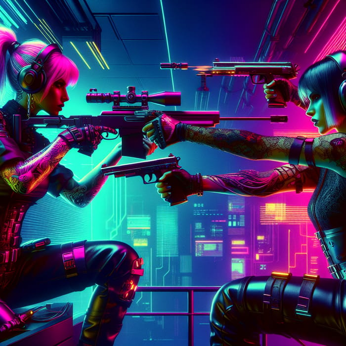 Cyberpunk Sniper Duel: Intense Battle Between Two Femme Fatales
