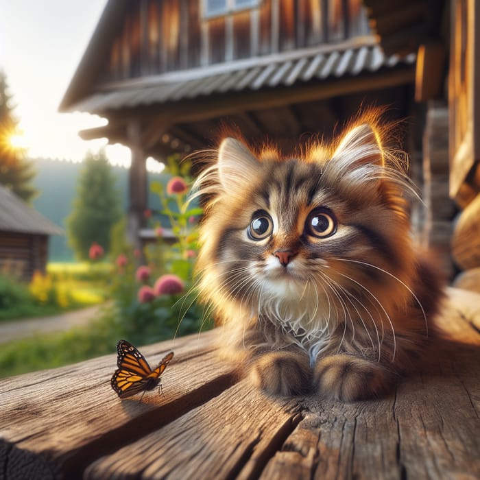 Serene Fluffy Tabby Cat Watching Butterfly on Cabin Porch