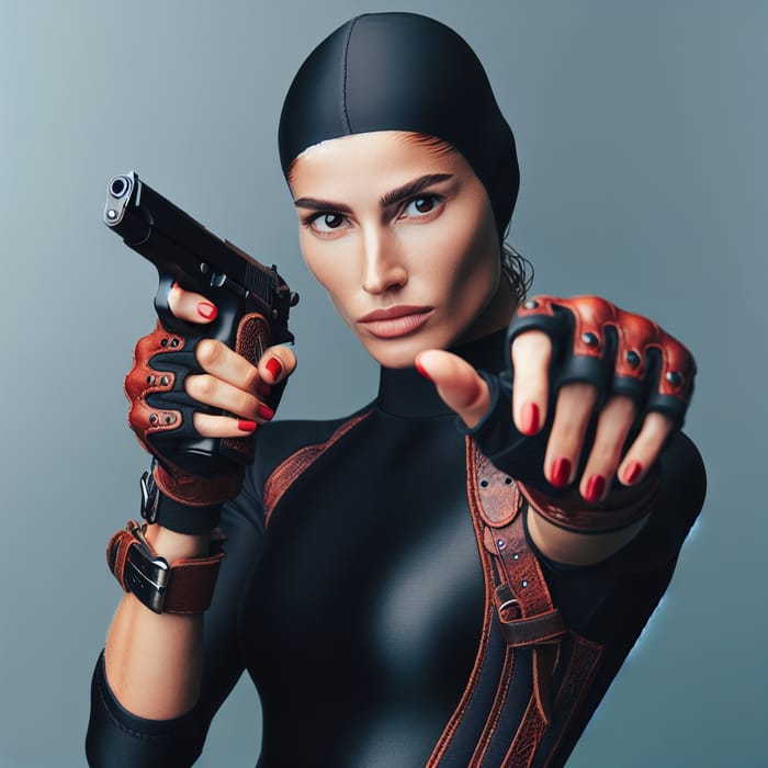Athletic Woman in Wetsuit with Pistol and Leather Gloves