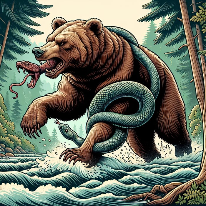 Majestic Bear Carrying Snake Through Forest River
