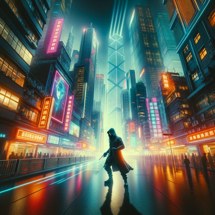 Mysterious Cyberpunk Figure in Futuristic City - Vibrant Neon Colors